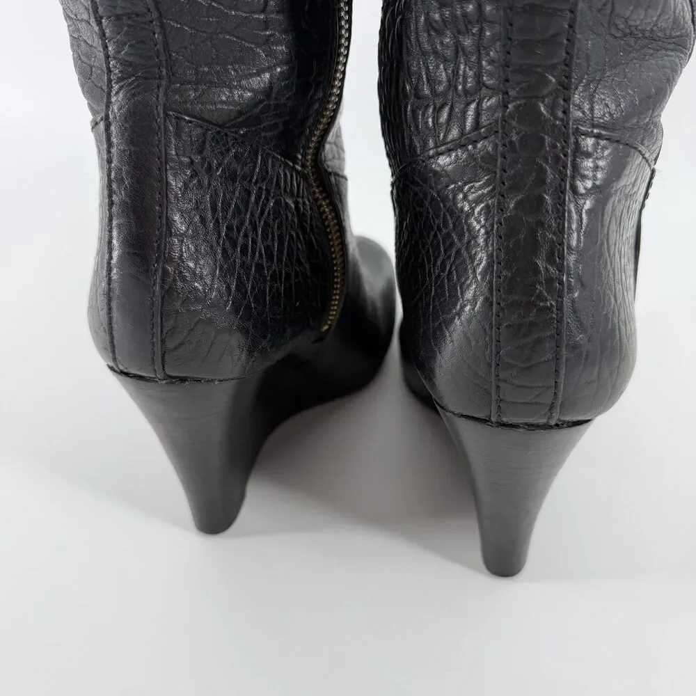 Tory Burch Dabney Knee High Wedge Boots Women’s 7.5 Black Pebbled Leather Zip Up